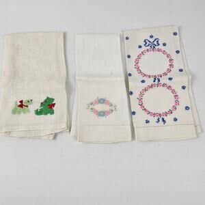 Lot 3 vintage embroidered linen hand towels scotty dog floral